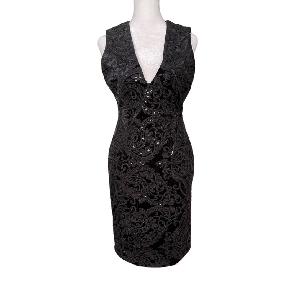 Alice + Olivia Alba Sequin Midi Dress V neck Black Cocktail Party NWT. - Picture 4 of 8